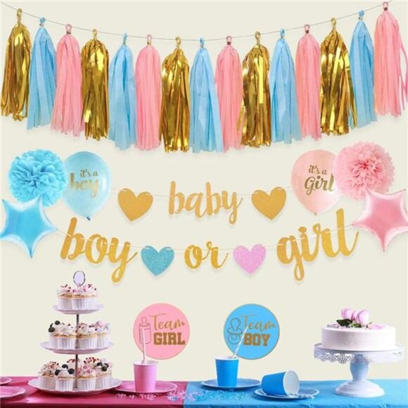 Baby Gender Reveal Decorations - Glitter Letters Baby & Boy or Girl with Banners - Picture 3 of 7